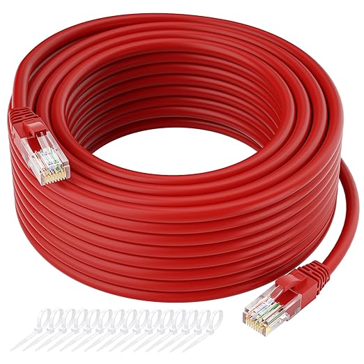 Kxable Cat5e Ethernet Cable 300 FT, Cat 5e Internet Cable, Red Snagless Patch Cord, Flexible, Network, LAN, PoE, Standard RJ45 Connector for PC, Server, Router, Modem, TV, PS5 - with 15 Cable Ties