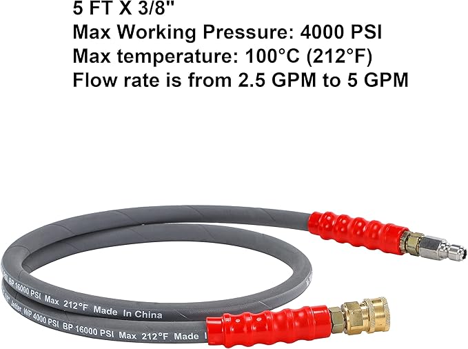 M MINGLE Pressure Washer Jumper Hose, 5 FT Whip Hose for Power Washer, Hose Reel Connector with 3/8 Inch Quick Connect