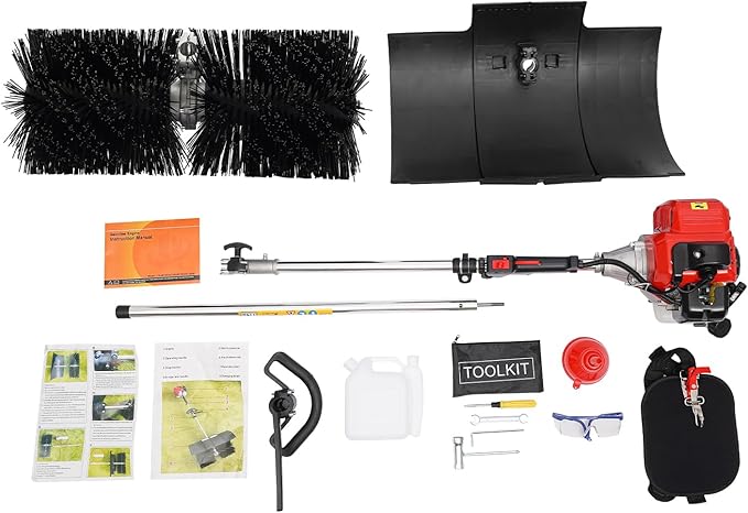 Portable Outdoor Hand Held Gas Power Broom 2.3HP 52CC 2 Stroke Engine Gasoline Power Broom Walk Behind Sweeper Cleaning Driveway Tools for Cleaning Driveway Turf Lawns Artificial Grass