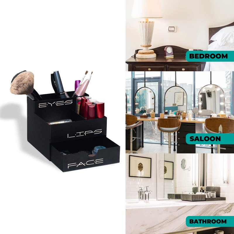 GEGUTON Makeup Organizer Box with Drawer – Steel, Black and Pink, Stylish Design – Stores Products and Accessories, Keeps Vanity Organized, Great Gift for Her – Beauty Collection