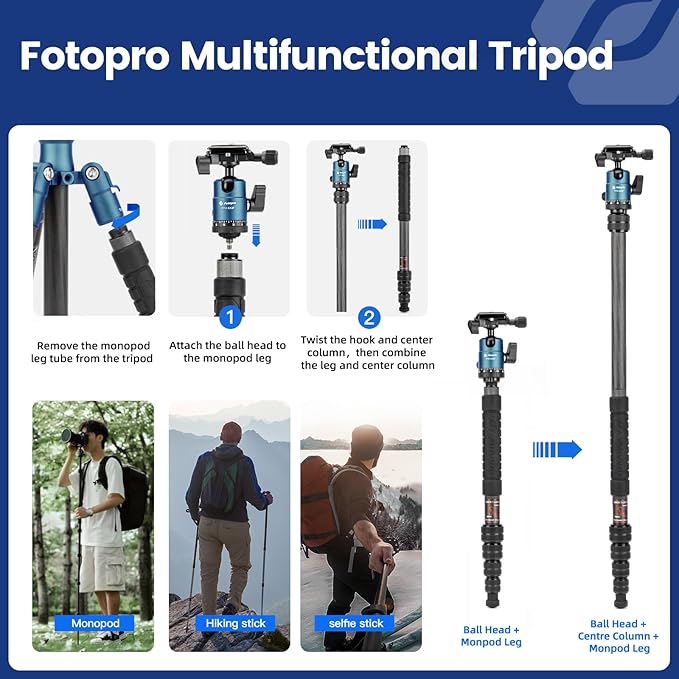Fotopro Carbon Fiber Camera Tripod, 62" Super Lightweight Compact Travel Tripod with 360 Degree Ball Head for DSLR, Detachable Monopod,Arca-Swiss QR Plate, Load up to 8KG/17.63lbs, Weighs only 2lb