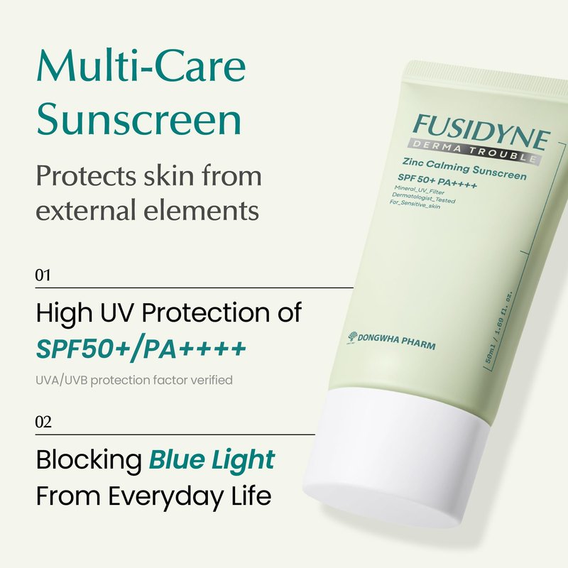 Fusidyne Derma Trouble Zinc Sunscreen SPF 50+ | No White Cast Lightweight Mineral Face Sunscreen for Sensitive & Acne-Prone Skin | Fragrance-Free Broad Spectrum Non-Comedogenic 50ml