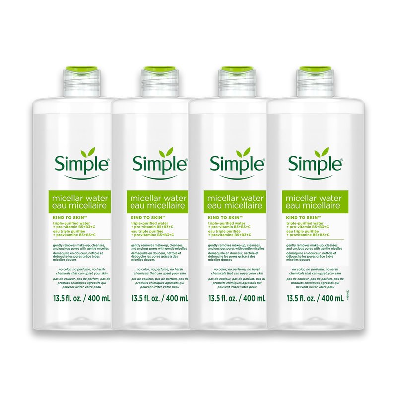 Simple Kind To Skin Micellar Water - Makeup Remover and Facial Cleanser - Face Cleanser with Pro-Vitamin B5, B3 and C - Vegan, No Perfumes - 4 pc