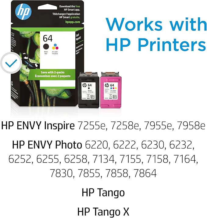 HP 64 Black & Tri-Color Ink Cartridges Printers (Combo Pack) | Works with Printer Series: Inspire 7950e; Envy Photo 6200, 7100, 7800; Tango | Eligible for Instant Ink | X4D92AN