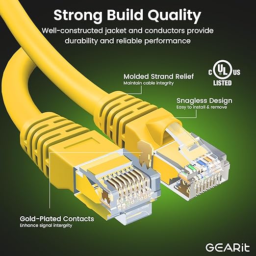 GEARit Cat 6 Ethernet Patch Cables 5 ft Yellow (Cat 6 Ethernet Cables 5 ft 24-Pack), High Speed 24AWG 10Gbps RJ45 Snagless Gold-Plated, Ethernet Cable for Router, Switch, PC, PS5 Gaming, Server