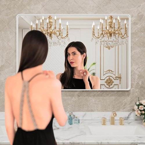 LOAAO 48x36 Inch White Metal Framed Bathroom Mirror - Large Rounded Rectangle, Anti-Rust, Versatile Hanging Options