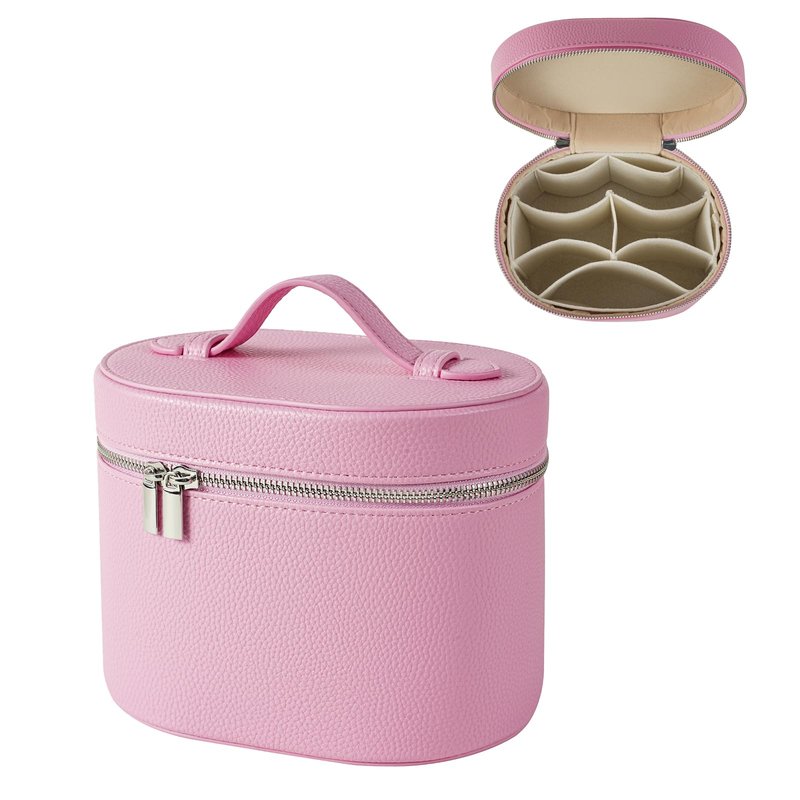 RSRSLEII Pink Aesthetic Makeup Bag, Travel Makeup Vanity Case with Divider and Handle, Waterproof PU Leather Cosmetic Organizer Bag, Portable Toiletry Bag for Women(02Pink)