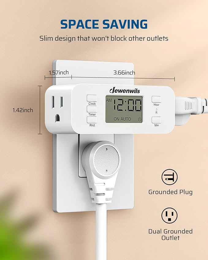 DEWENWILS 24 Hour Programmable Digital Timer Outlet, 2 Pack Timers for Electrical Outlets, Indoor Light Timers for Lamp Fan Aquarium, 2 Grounded Outlet, 125V/15A Resistive/1000W Tungsten, 3 Prong