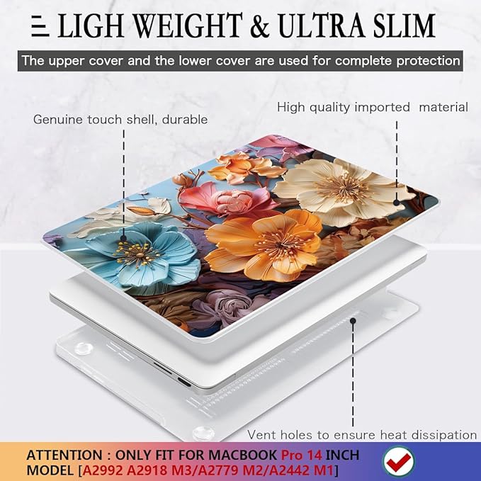CISSOOK Compatible with MacBook Pro 14 inch Case 2026 2025 2024 2023 2022 2021 Release M5 M4 M3 M2 M1 Chip, Floral Hard Shell Case + Keyboard Cover Screen Protecor, Silk Flowers