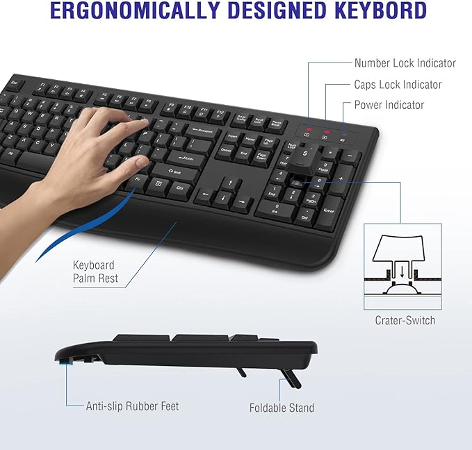 QUASIO Wireless Keyboard, 2.4G Full-Sized Ergonomic Wireless Computer Keyboard with Wrist Rest for Windows, Mac OS Laptop/PC/Desktop/Notebook(Black)
