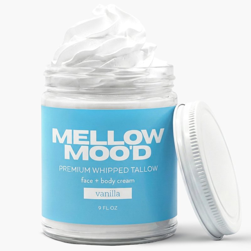 Mellow Moo'd Whipped Grass Fed Beef Tallow - Face + Body Cream - Tallow Moisturizer for Sensitive Skin - Natural Body Butter Lotion XTRA Large 9 FL OZ - Made In USA (9oz, Vanilla)