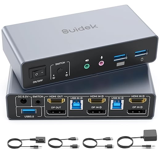 SUIDEK HDMI Displayport KVM Switch 2 Monitors 2 Computers - 4K@60Hz Aluminum with 3 USB 3.0 Ports Audio & Microphone Ports Share Dual Monitors Keyboard Mouse Printer - 2 USB Cable Controller Adapter