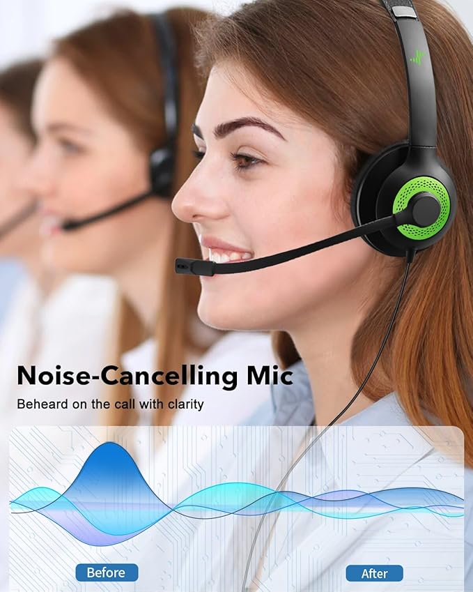 JIAMQISHI USB Headset with Mic for PC, On-Ear Computer Laptop Headphones with Noise Cancelling Microphone in-line Control for Home Office Online Class (USB+3.5mm, Green)