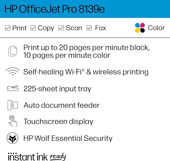 HP OfficeJet Pro 8139e Wireless All-in-One Color Inkjet Printer, Print, scan, Copy, fax, ADF, Duplex Printing Best-for-Home Office, 1 Year Instant Ink Trial Included, AI-Enabled (40Q51A)
