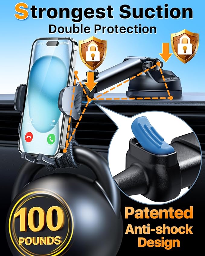HTU 2026 Ultimate Best【True Military-Grade & Safety Cert】Car Phone Holder【Upgraded 360 Rotation & 100+LBS Strongest Suction】5-in-1 Truck Windshield Dashboard Vent Mount Stand for iPhone Android, Blue