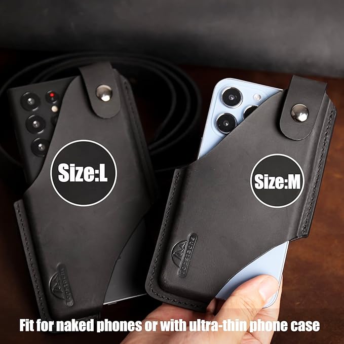 Topstache Leather Cell Phone Holster for iPhone 17/17 Pro/16/16 Pro - Belt Clip Cell Phone Case for Men for Galaxy S25/S24/S23 - Magnetic Closure Leather Holster Holder Pouch, M,Black