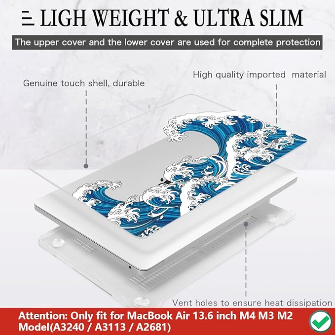 CISSOOK Wave Case for MacBook Air 13.6 inch 2026 2025 2024 2023 2022 Release, Ocean Hard Shell Cover for MacBook Air 13.6 A2681 A3113 A3240 A3449 M2 M3 M4 M5 Chip with Keyboard Cover - Great Wave