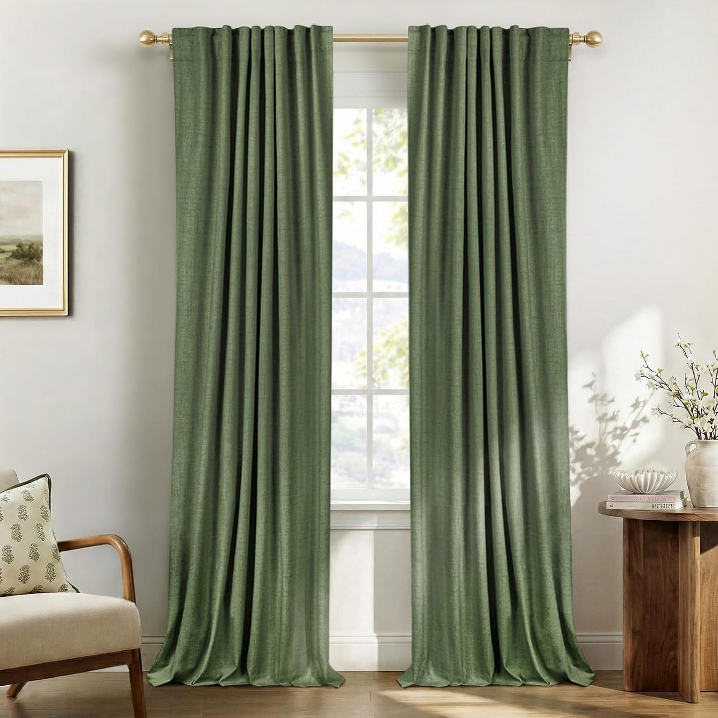 Skiennix 100% Blackout Curtains - Olive Green Linen, Thermal Insulated, 2 Panels Set, 50" W x 96" L