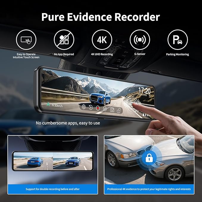 JOMISE G814 11" 4K+2.5K Rear View Mirror Camera — No WiFi/App, Mirror Dash Cam Front and Rear, Pure Evidence Recorder, Dash Cam for Cars, 3X Zoom, 64GB Card Included