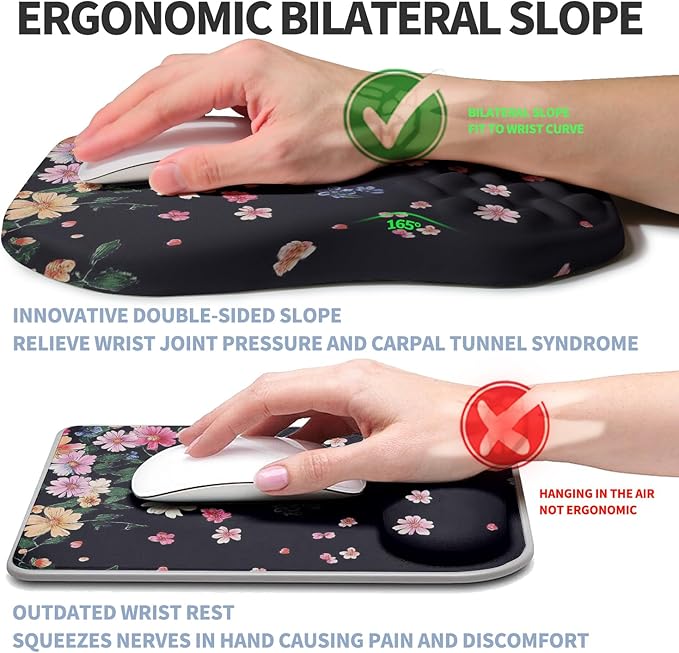 Gleamtide Ergonomic Raised Mouse Pad Wrist Support with Bilateral Slope Memory Foam Mousepad for Wrist Rest and Carpal Tunnel Pain Relief 11.8x7.9〃Flowers Bloom and Fade