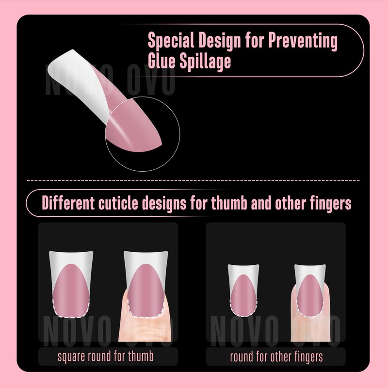 NOVO OVO French Tip Short Duck Nail Tips Press on, Pre-designed Soft Gel Nail Extension, BERRY PINK Pre-applied Tip Primer & Base Coat, Full Cover Matte Vrial False Nails for DIY x 12 Sizes 240 pcs