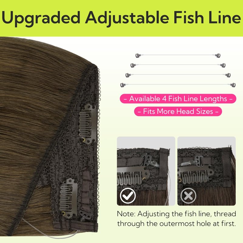 HOTBANANA Wire Hair Extensions, 12 inch 70g Walnut Brown to Ash Brown and Bleach Blonde Fish Line Extensions Remy Real Human Hair Straight Invisible Soft Skin Wire Weft Silky for Women