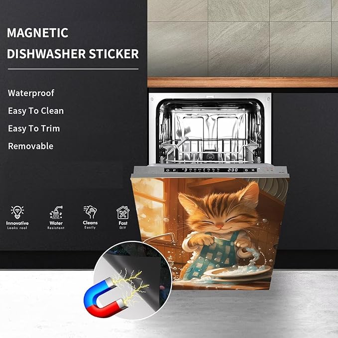 Cute Cat Magnetic Dishwasher Panel Decal Home Appliance Cover, Kitten Refrigerator Magnet Cover Decals, Animal Cat Dishwasher Cover Magnetic Dishwasher Sticker, Reusable (23" x 26")