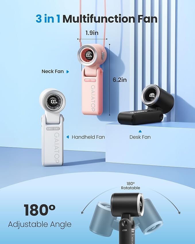 Gaiatop Portable Handheld Turbo Fan, 15 Hrs Cooling, 180° Foldable 4-in-1 Hand Held Fans, 6-Speed (1-100) Personal Mini Handheld Fans, Small Portable Fan for Travel, Working, Outdoor Women Gifts Black