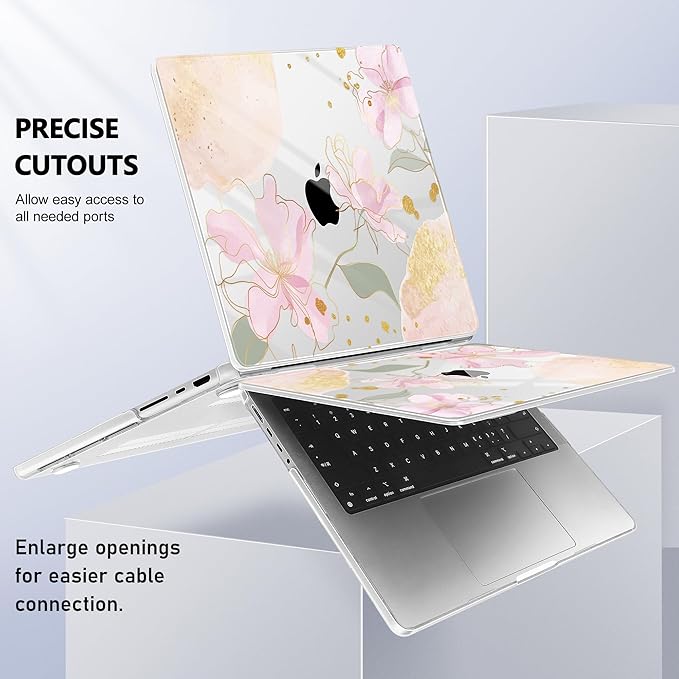 Lepeoac for MacBook Pro 16 inch Case M1 M2 M3 M4 M5 Pro/Max with Liquid Retina XDR, Release 2021-2025 2026 A3429 A3428, Hard Shell Case with Screen Protector & Keyboard Cover, Gold Blossom Flowers