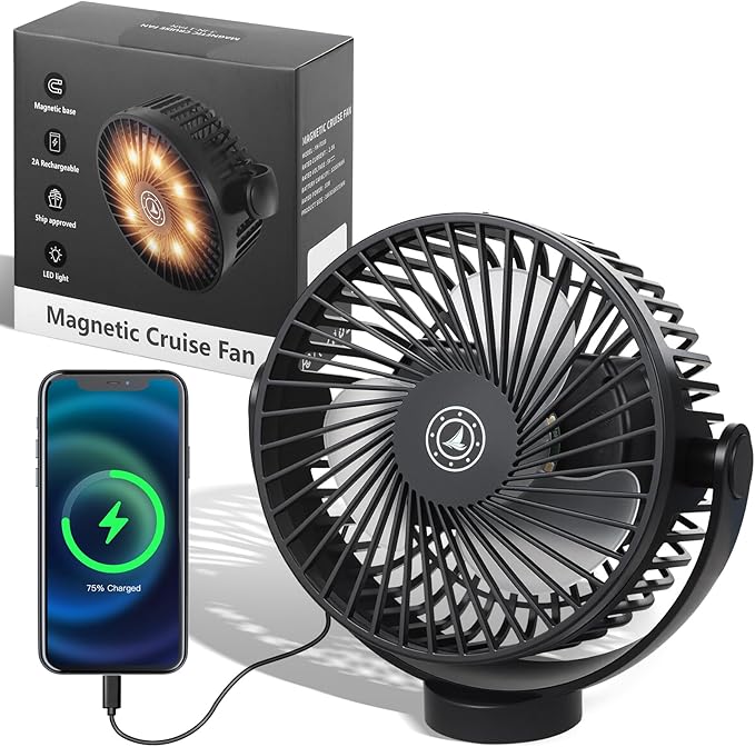 Fanopera Magnetic Cruise Fan with 12000mAh Battery - Portable Cabin Air Circulator, 3-Speed LED Desk Fan with Timer, Power Bank & Ceiling/Wall Mount, Cruise Ship Approved for Travel (Black)