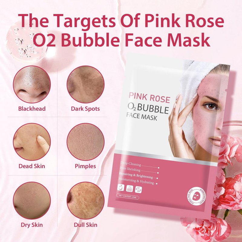 IREV Pack of 10 Pink Rose O2 Bubble Face Masks Skincare, Spa Presents for Women, Bubble Face Sheet Mask Cleaner Foaming Purifying Facial Mask for Acne and Pores Moisturizing Beauty Sheet Masks