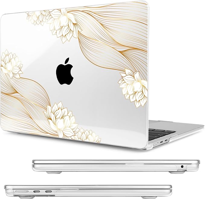MecBevia Compatible with MacBook Air 13.6 inch Case, M4 A3240/M3 A3113/M2 A2681 (Released 2025 to 2022), Hard Shell, Keyboard Cover, Screen Protector, Webcam Cover & Type-C Adapter, Gold Lace Flower