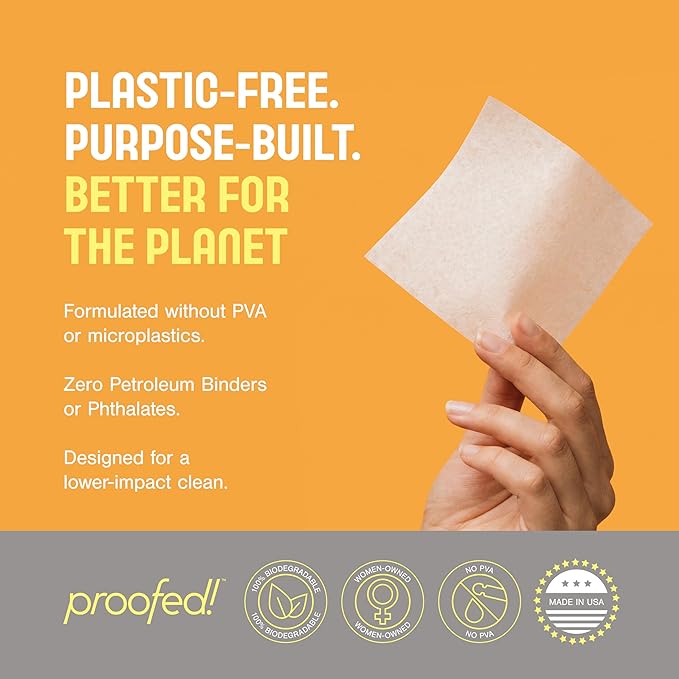 Proofed! Laundry Detergent Sheets, 32 Count, Clean Scent, The Only 100% Plastic-Free Sheet, No PVA or PVOH, Hypoallergenic, Bio-Based Ingredients, Made in USA, 1 Box