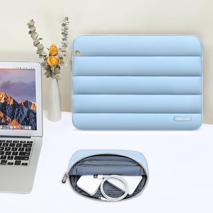 MOSISO Laptop Case 16 inch, 15-15.6 inch Puffy Laptop Sleeve Compatible with MacBook Pro 16 M5 M4 M3 M2 M1, HP Dell ASUS Acer Toshiba Lenovo, Polyester Horizontal Bag with Small Case, Air Blue