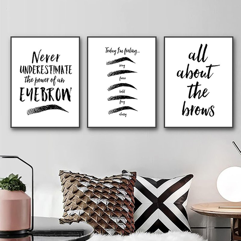 Eyebrow Art Prints - Beauty Salon Canvas Wall Art | Black & White Eyebrow Quotes | 12x16 Inch Unframed Set of 3