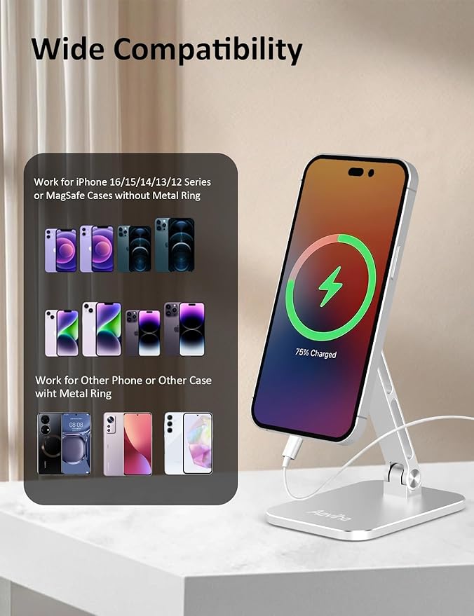 Aoviho Magnetic Phone Stand for MagSafe Adjustable - Aluminum Portable Phone Holder for Desk with 360° Rotating Head Compatible with iPhone 17/16/15/14/13/12 Pro Max and Magnetic Phone Case, Silver