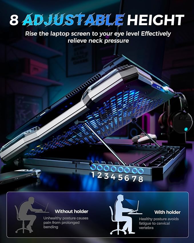 ChillCore RGB Laptop Cooling Pad, Laptop Fan Cooling Pad 9 Fans for 15.6-19.3 Inch Laptops, Gaming Laptop Cooler with 8 Height Stands, 2 USB Ports - A21 Pattern