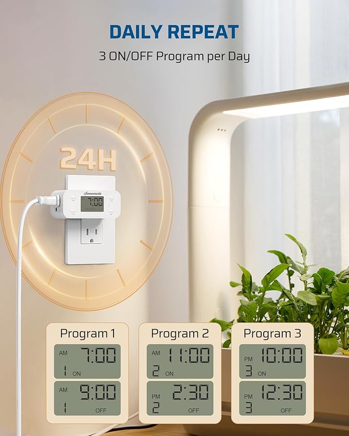 DEWENWILS 24 Hour Programmable Digital Timer Outlet, Timers for Electrical Outlets, Light Timer for Indoor Lamp Fan Aquarium, 1 Grounded Outlet, 125V/15A/1000W, 3 Prong, 1/2 HP, 1 Pack,White
