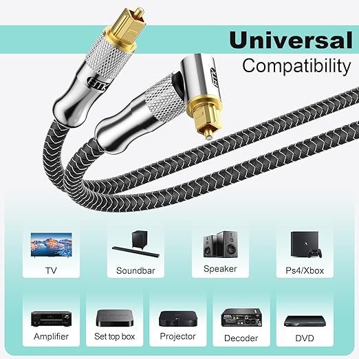 EMK Premium 24K Gold-Plated Right Angle Optical Cable – 90° Toslink to Toslink (2M/6Ft), 360° Rotatable for Soundbars, TVs & Home Theater