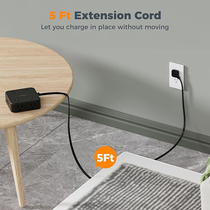 TESSAN Surge Protector Power Strip, 5 Ft Flat Plug Extension Cord with 3 USB (1 USB C) 8 Outlets, 1250W, 900J Protection, 3 Sided Outlet Extender with Power Switch for Office, Dorm Room, Black