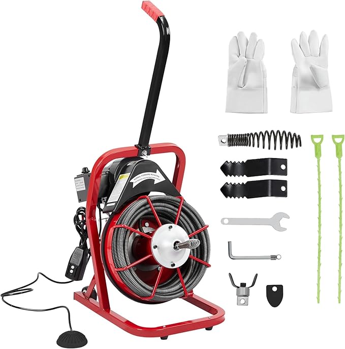 50Ft x 3/8Inch Drain Cleaner Machine, Portable Electric Drain Auger Cleaner with 6 Cutters & Gloves, Drain Cleaning Machine Fits 1" to 4" Pipes