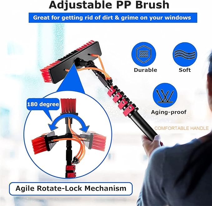 24ft Telescopic Window Cleaning Kit - Water Fed Extendable Brush & Pole for Solar Panel Roof & Conservatory Cleaning - 55cm Brush for Easy Access and Streak-Free Shine