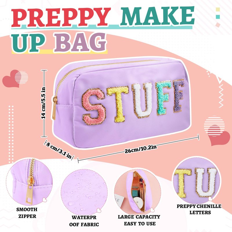 Shinylin 2 Pcs Travel Preppy Duffle Bag and Chenille Letter Makeup Pouch Cosmetic Zipper Patch Weekender Carry on Tote Bag for Women(Light Purple)