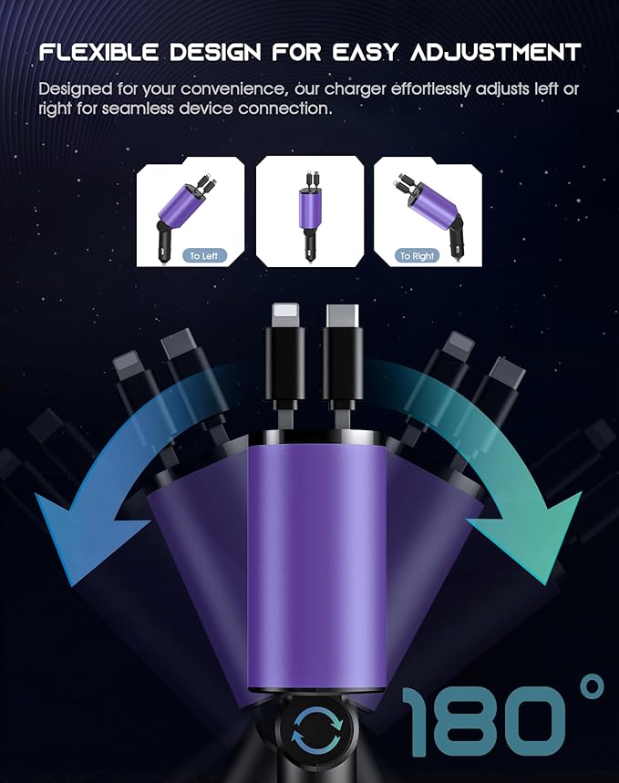Mifanstech Retractable Car Phone Charger, 4 in 1 Fast Charge Car Phone Charger with 2 Retractable Cables(2.6ft) and 2 USB Ports, Compatible with iPhone15/14/15 Pro Max,Samsung (Purple)