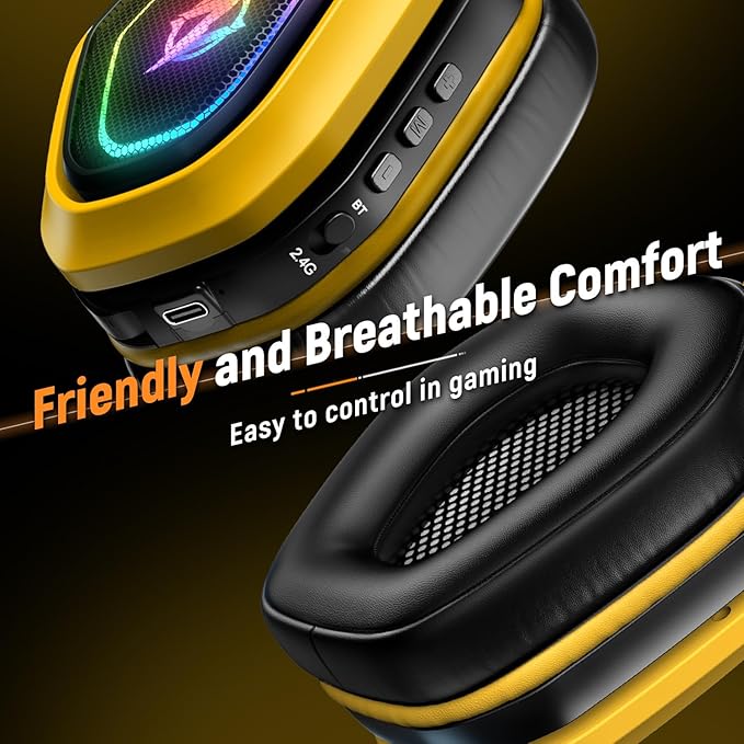 Ozeino Wireless Gaming Headsets for PC, Ps5, Ps4 - Lossless Audio USB-A & USB-C Gaming Headphones with Flip Mic, 30-Hr Battery Bluetooth Headset for Switch, Laptop, Mobile, Mac, Black-Yellow, OW810