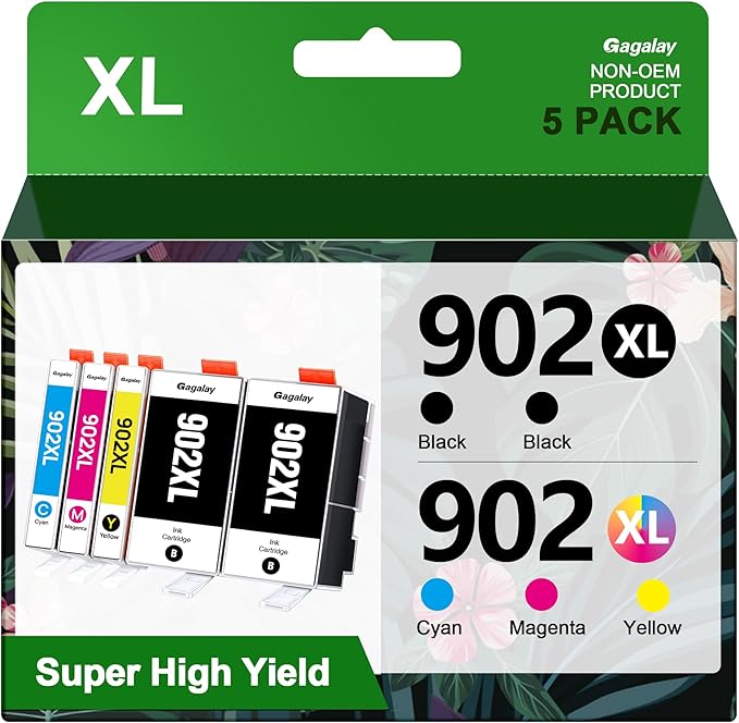 Gagalay 902XL Ink Cartridges for Printers 5 Pack Replacement for 902XL Ink Cartridges Combo Pack 902XL Works for 6958 6962 6950 Pro 6978 6968 6975 Printer T0A39AN, Cyan Magenta Yellow 2 Black