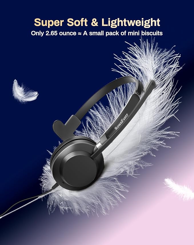 Rownfusny USB Headset with Microphone for PC & Laptop - Noise Reduction On-Ear Wired Headphones with in-Line Volume Control, Call Answer Button for MS Teams, IP Phones, Work, Zoom, Skype
