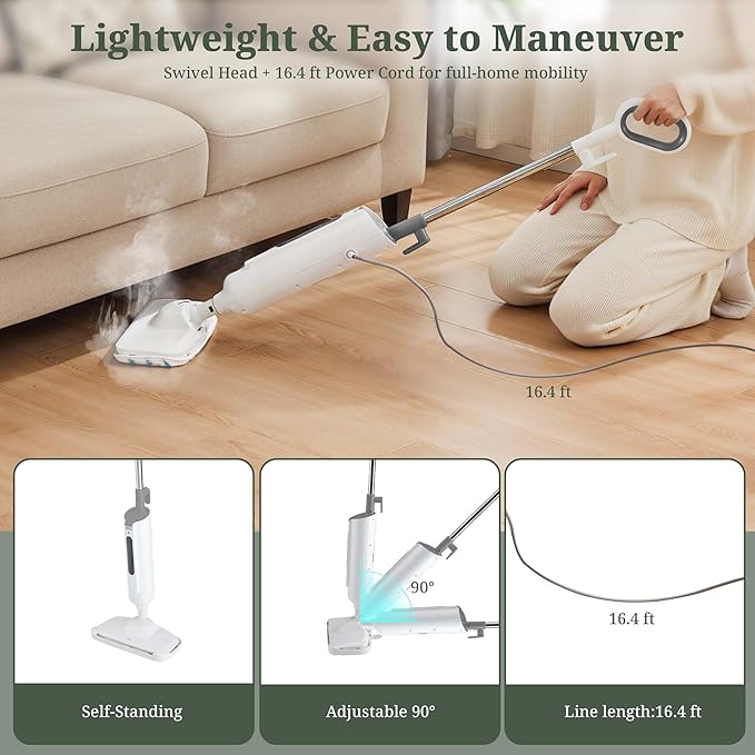 Steam Mop for Floor Cleaning, Lightweight Floor Steamer for Hardwood, Tile, Laminate & Carpet, Quick-Heat Steam Cleaner with Visible Water Tank and 2 Washable Pads, White and Grey
