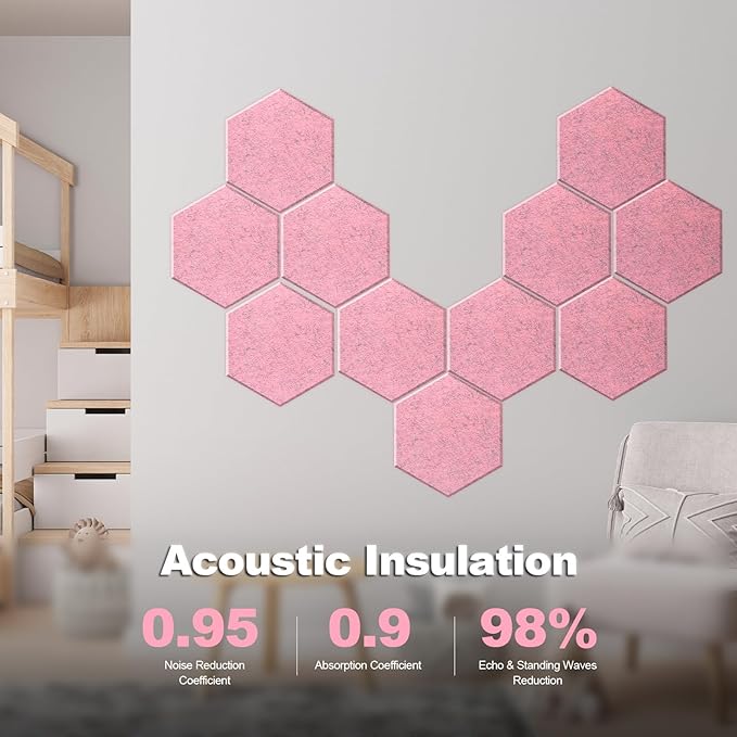 Mollywell Hexagon Acoustic Panels 14x12 - Reduce Echo & Reverb, Noise Blocking Wall Tiles for Bedroom & Dressing Room, Smoky Pink Sound Absorbing Panels