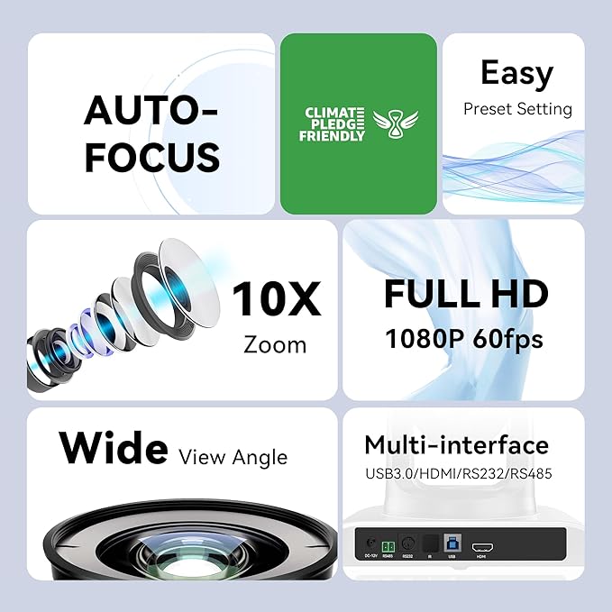 Tenveo 10X Optical Zoom PTZ Conference Room Camera, USB3.0/HDMI FHD 1080P 60FPS, for Video Conferencing Business Meeting Live Streaming Church Services Worship Events Education Zoom Teams OBS